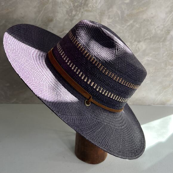 Freya Wide Brim Fedora Women's L Gazania Hat 100% Straw Purple Leather Band - Picture 1 of 16